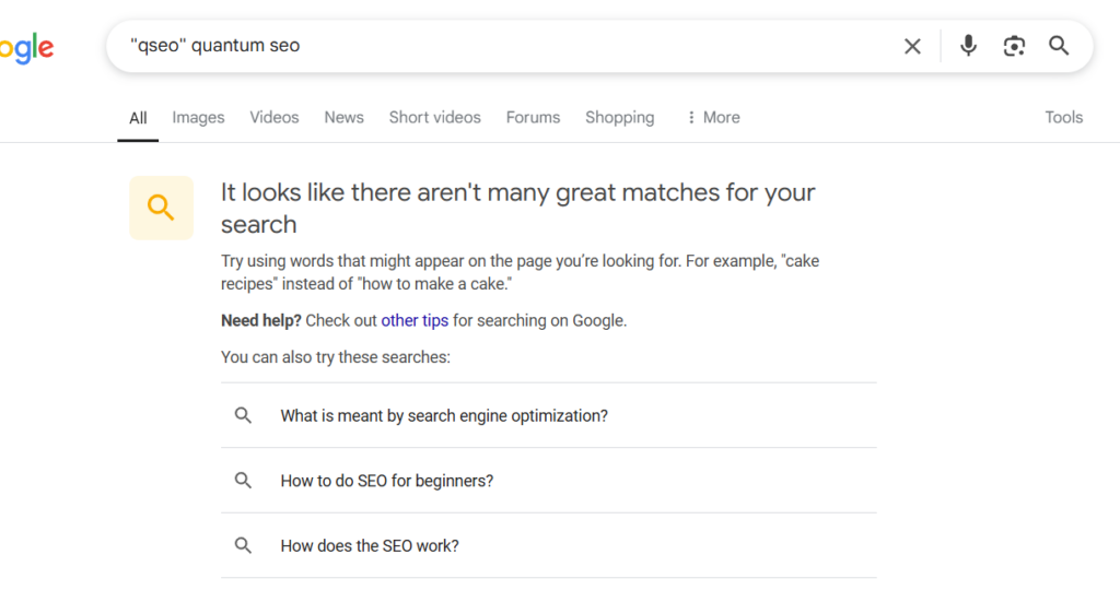 screenshot of google search results with the query qseo quantum seo returning the looks like there are no great matches SERP